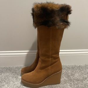 Australia Valberg Chestnut Suede Fur Cuff Wedge Riding Boots